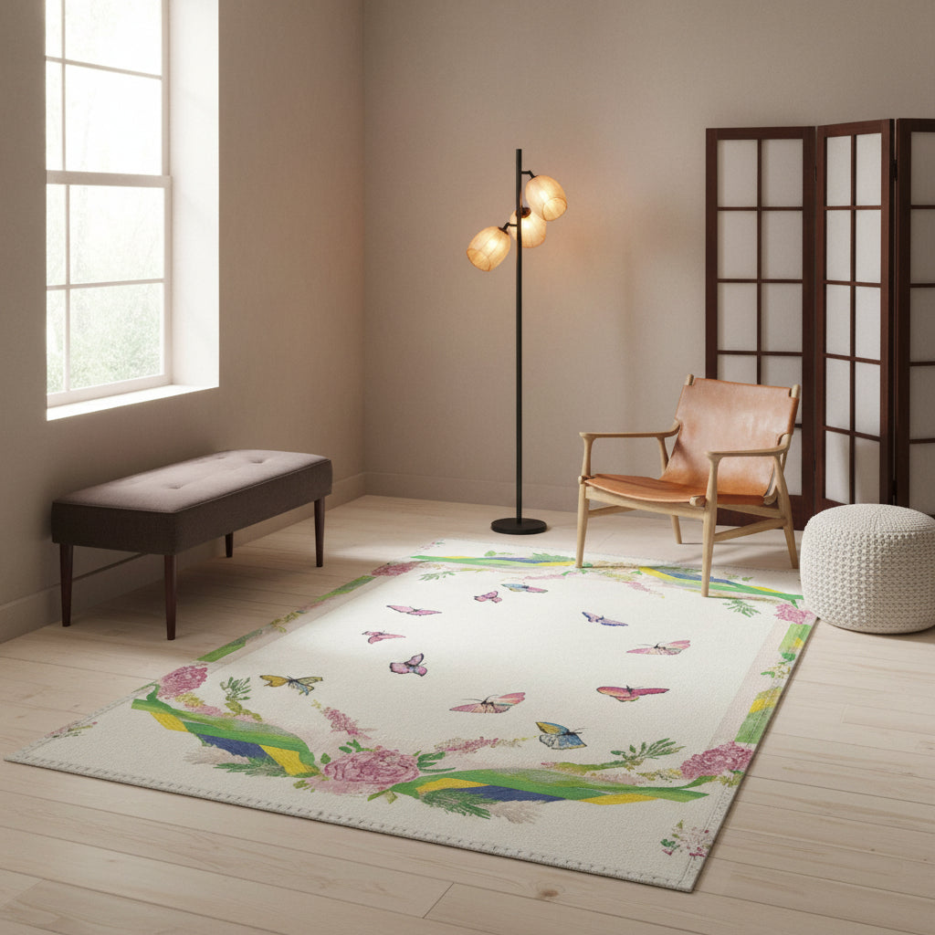 Decorative placemat with parrots, flowers, and butterflies on a white background