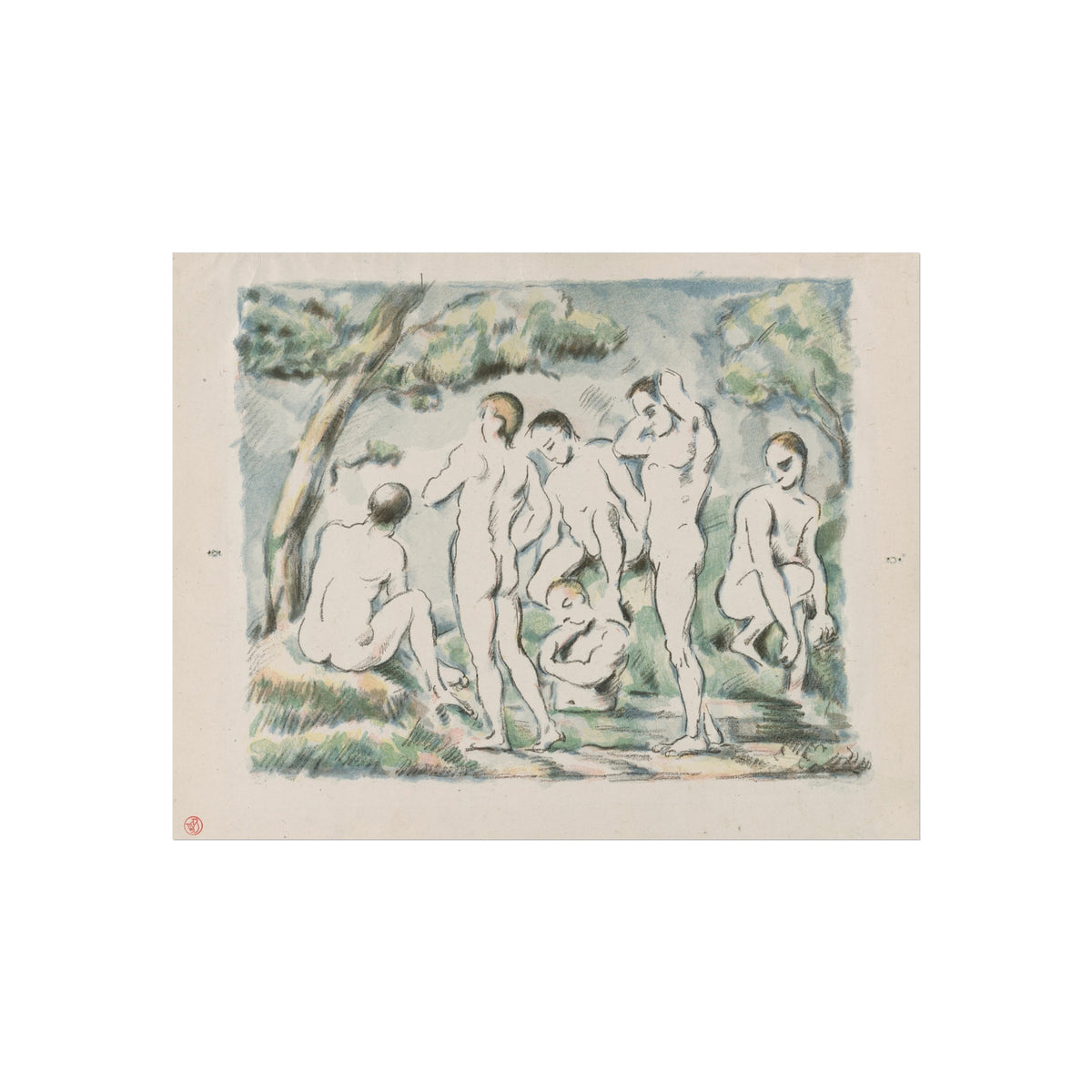 A vintage art print depicting a group of nude figures in an outdoor park setting, rendered in a soft, sketch-like style with muted green, blue, and beige tones on a cream paper background.