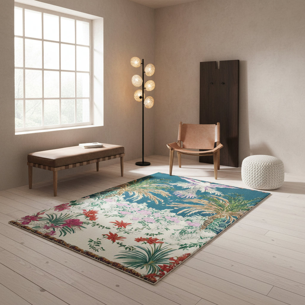 Decorative rug with tropical design featuring palm trees and flowers on a blue background