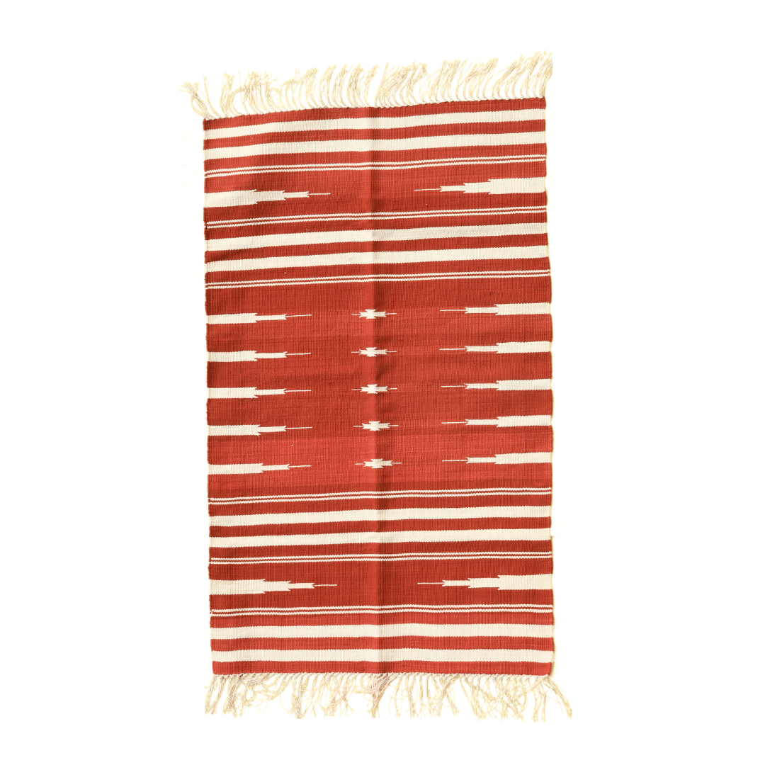 Handwoven Red and White Stripe Patterned Cotton Rug with Fringes