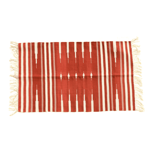 Handwoven Red and White Stripe Patterned Cotton Rug with Fringes