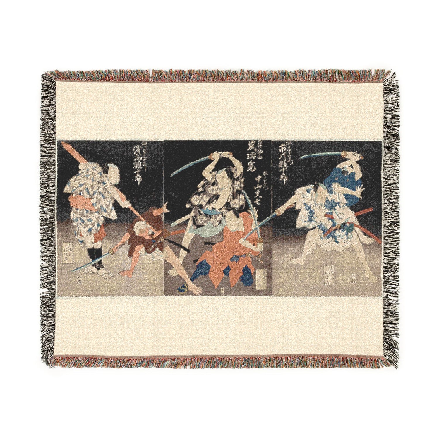 Ichikawa Ebijūrō II as Horiguchi Manzaemon (right), Arashi Rikan II as Kizu Kansuke, Nakayama Bunshichi III as Hayashi Sanzemon (center), an