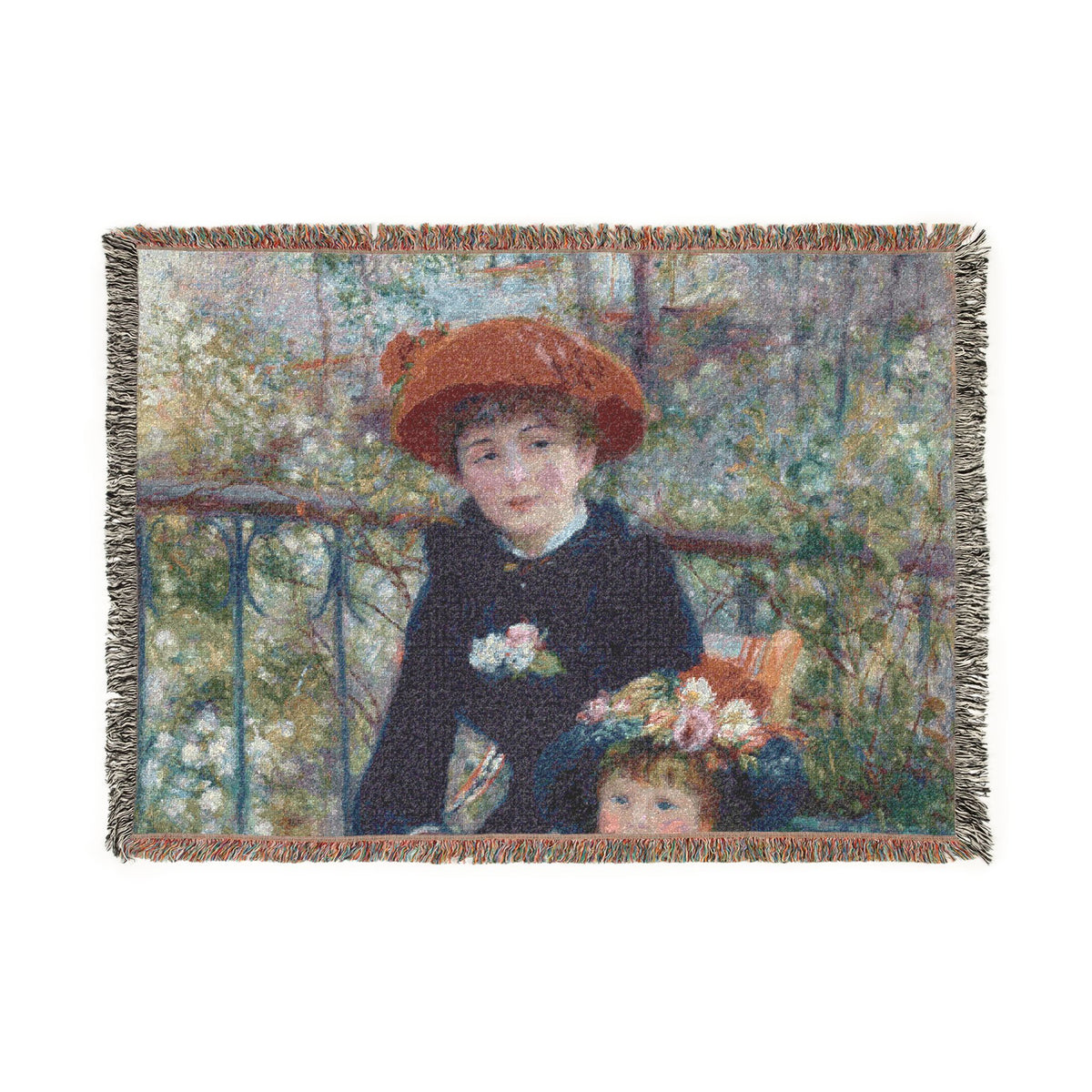 A woven throw blanket featuring a pointillist painting of a woman in a red hat and a child, with fringed edges, shown against a plain white background.