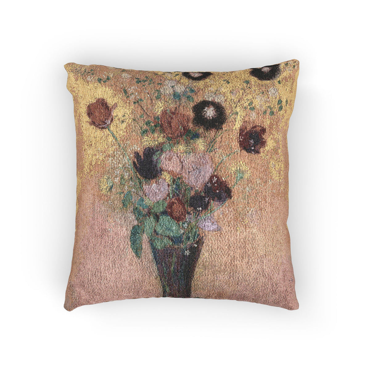 A square decorative throw pillow featuring a textured print of a floral bouquet in a vase, styled in the impressionistic art manner with gold, pink, brown, and green tones, set against a plain white background.