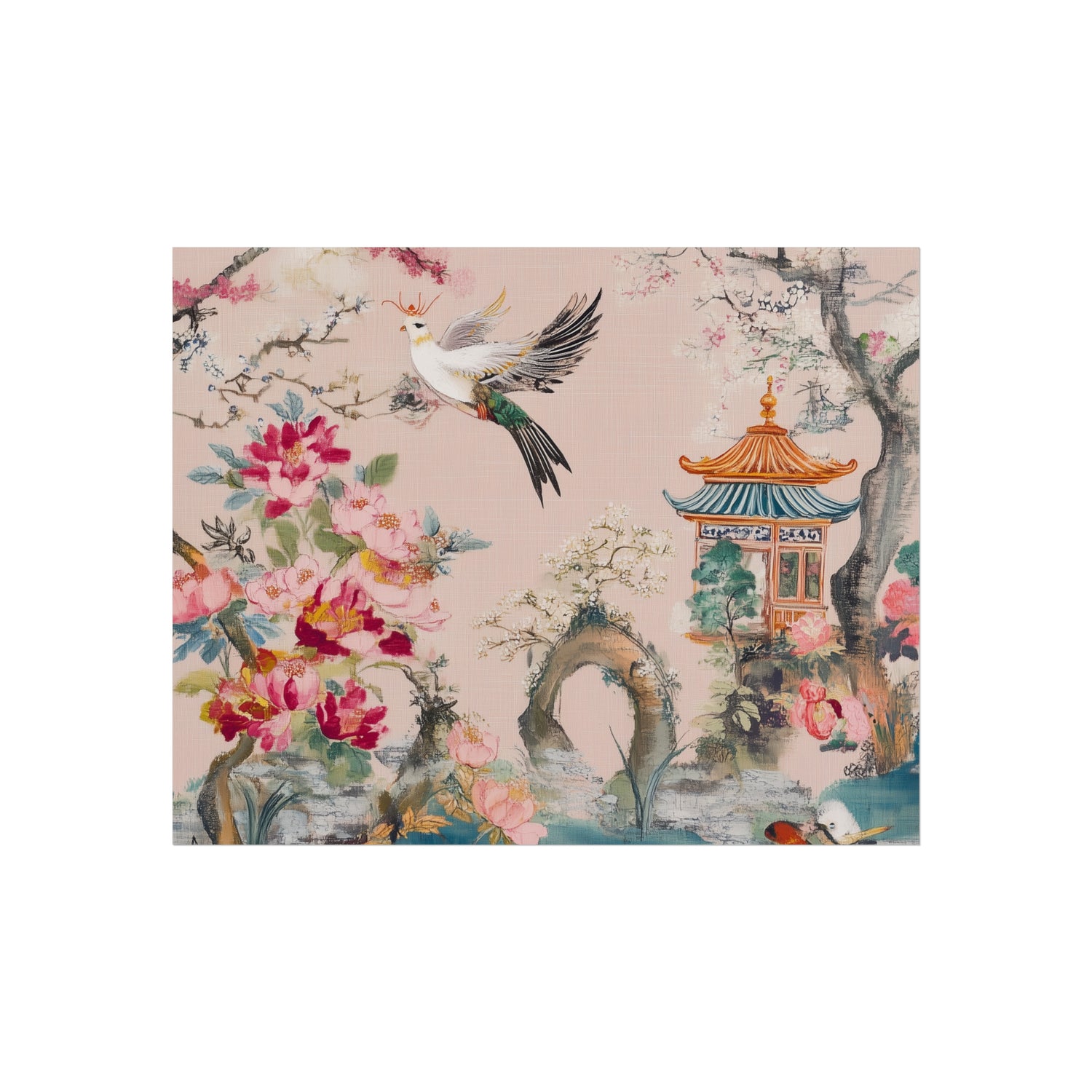 Vintage Chinoiserie Bird and Pagoda Fine Art Poster