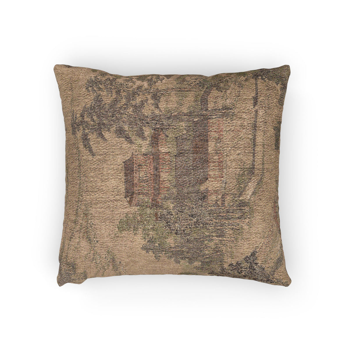 Mansion by the River pillow with a muted architectural pattern in tan and pink tones