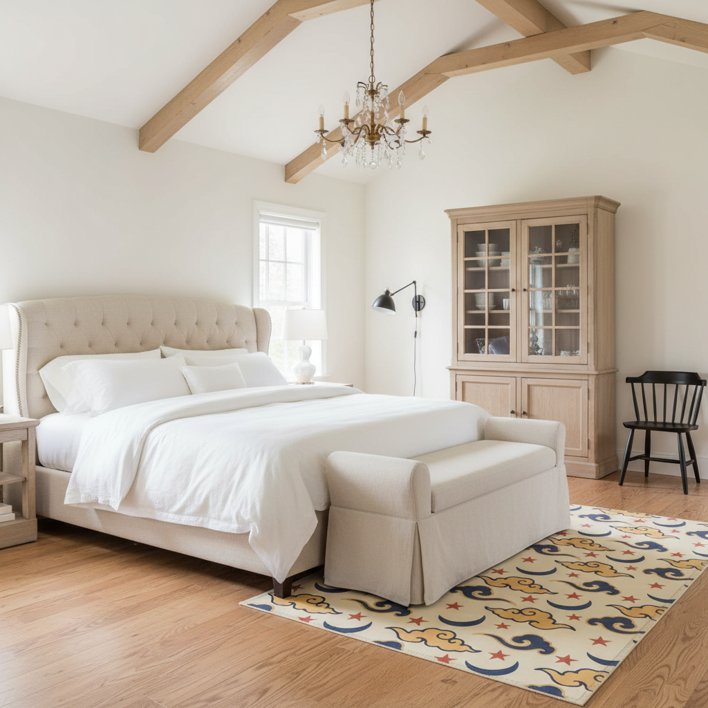 A bright, modern bedroom featuring a cream tufted bed frame, white bedding, a matching upholstered bench at the foot of the bed, a light wood hutch, and a colorful cartoon-patterned rug on a hardwood floor.