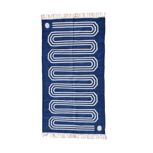 Handwoven Blue and White Snake Inspired Cotton Rug with Fringes