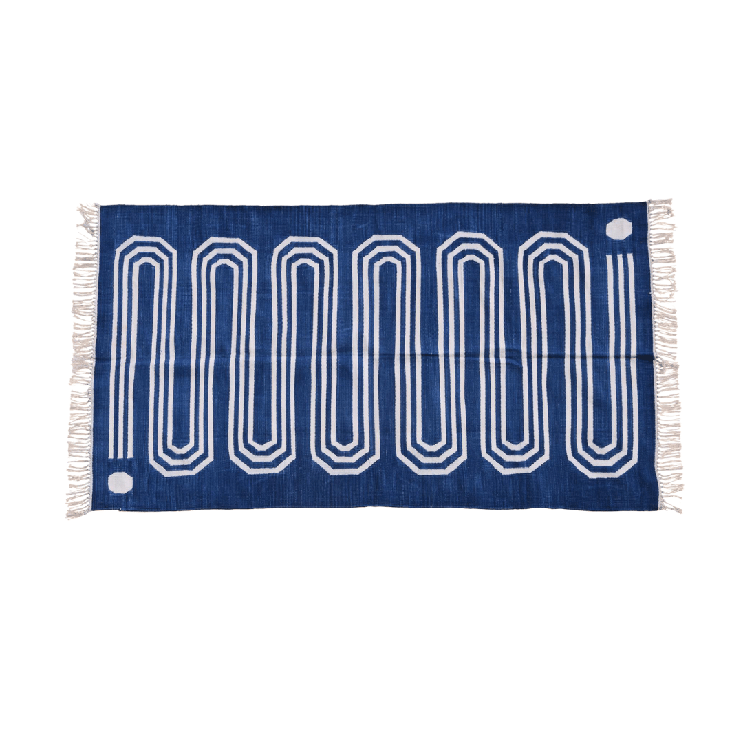 Handwoven Blue and White Snake Inspired Cotton Rug with Fringes