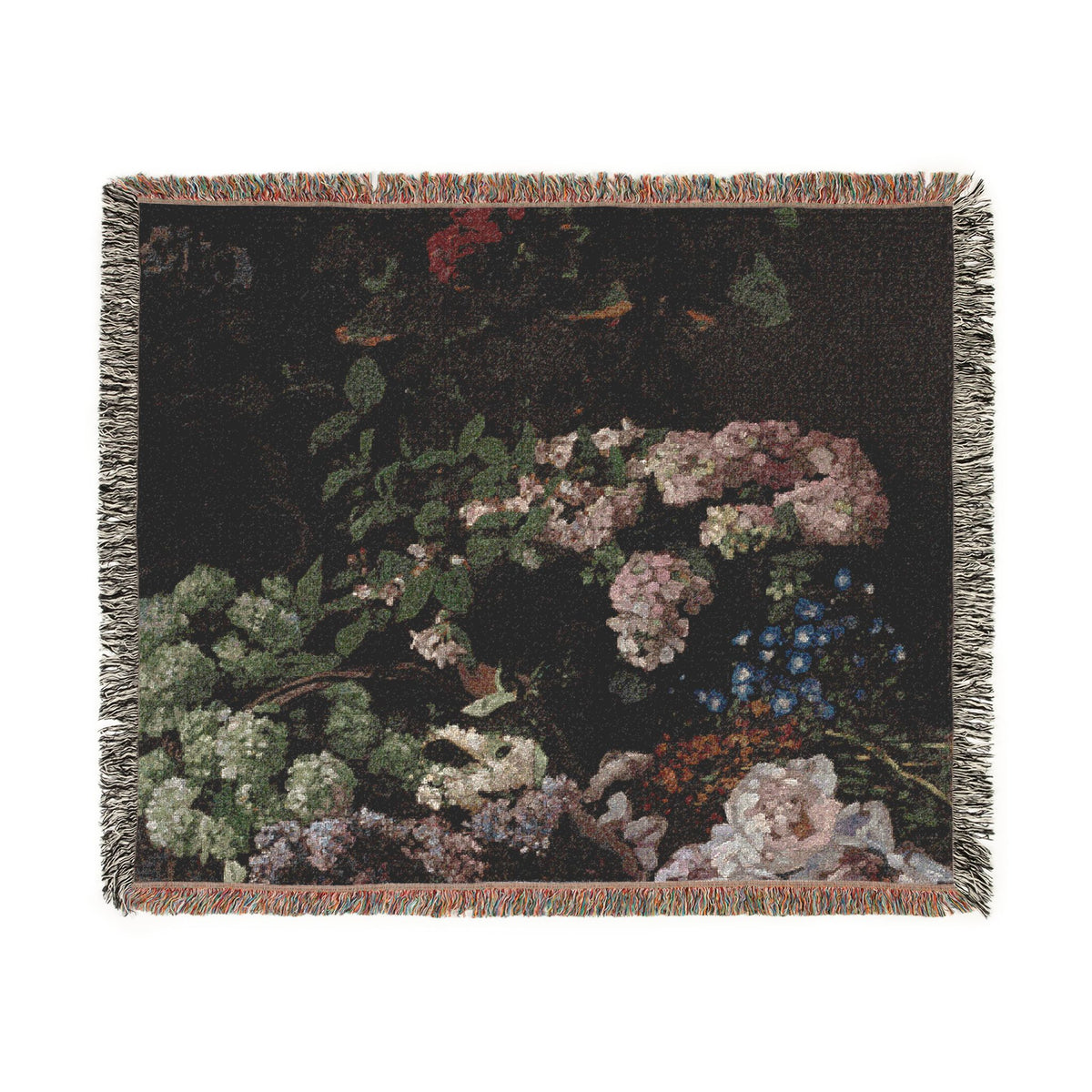 A woven throw blanket featuring a classic floral still life tapestry design with multicolored fringed edges, shown against a plain white background.