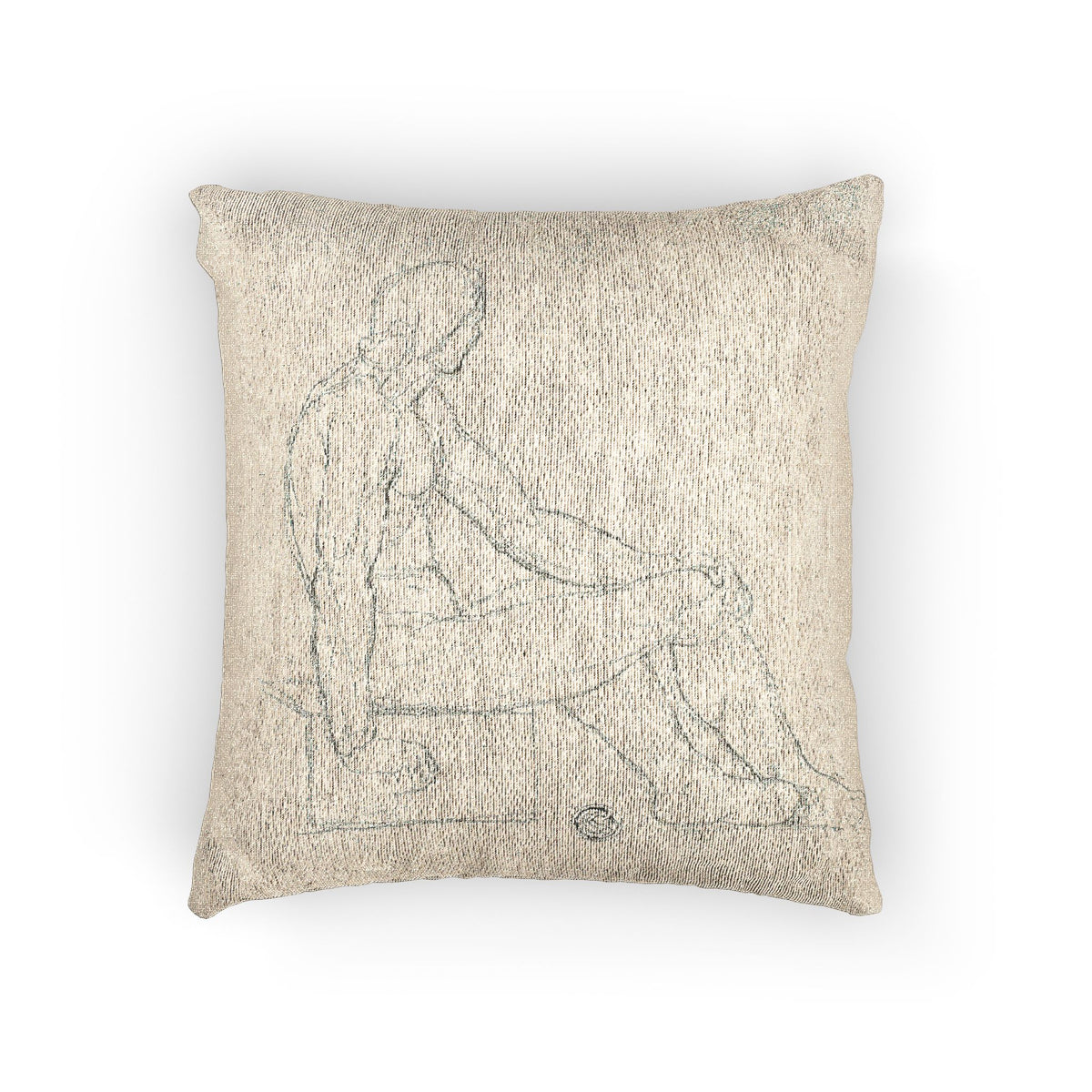 A square throw pillow in a textured beige fabric featuring a minimalist gray line art sketch of a seated figure, shown against a plain white background.
