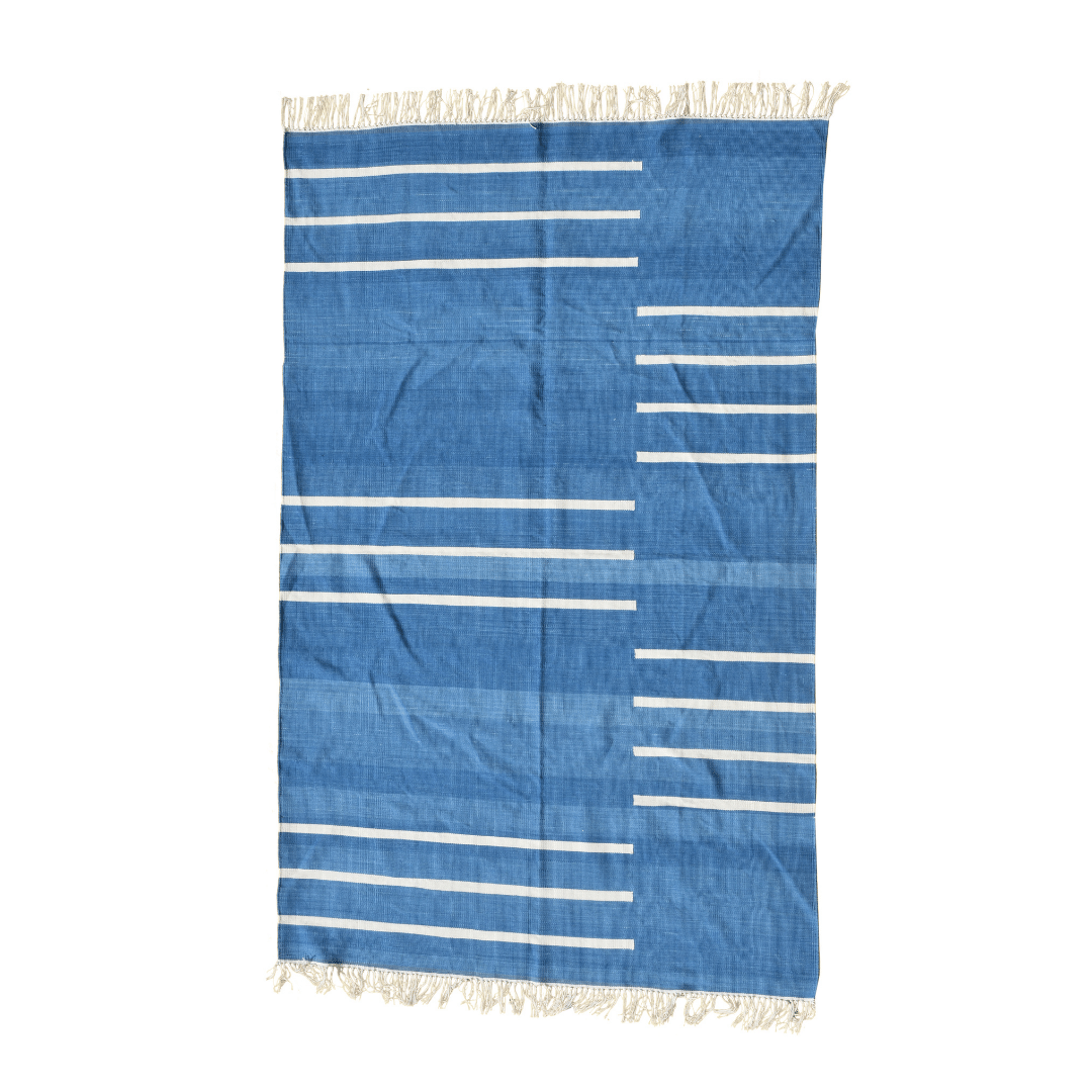 Handwoven Blue and White Minimalistic Stripe Cotton Rug with Fringes