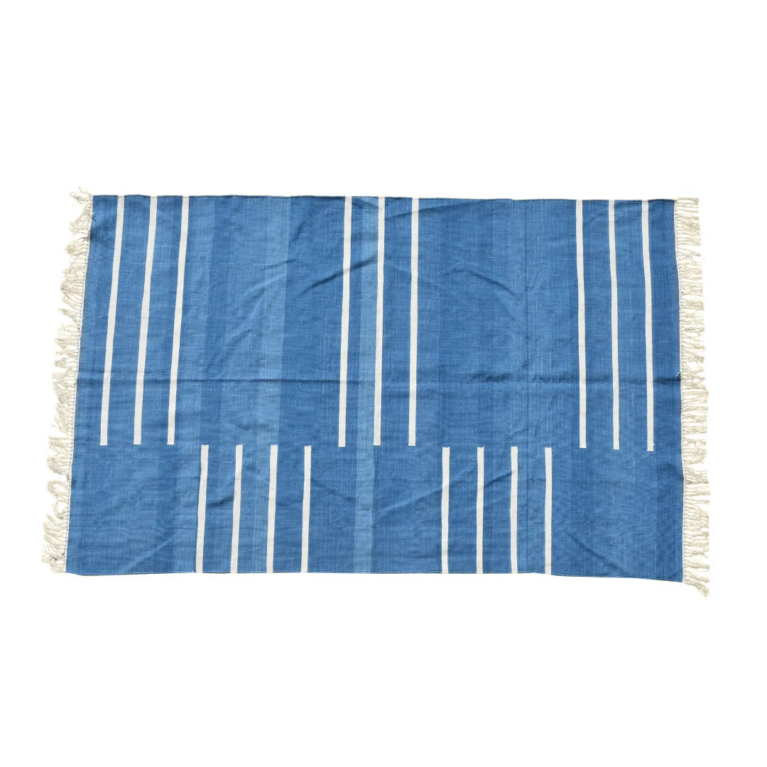 Handwoven Blue and White Minimalistic Stripe Cotton Rug with Fringes