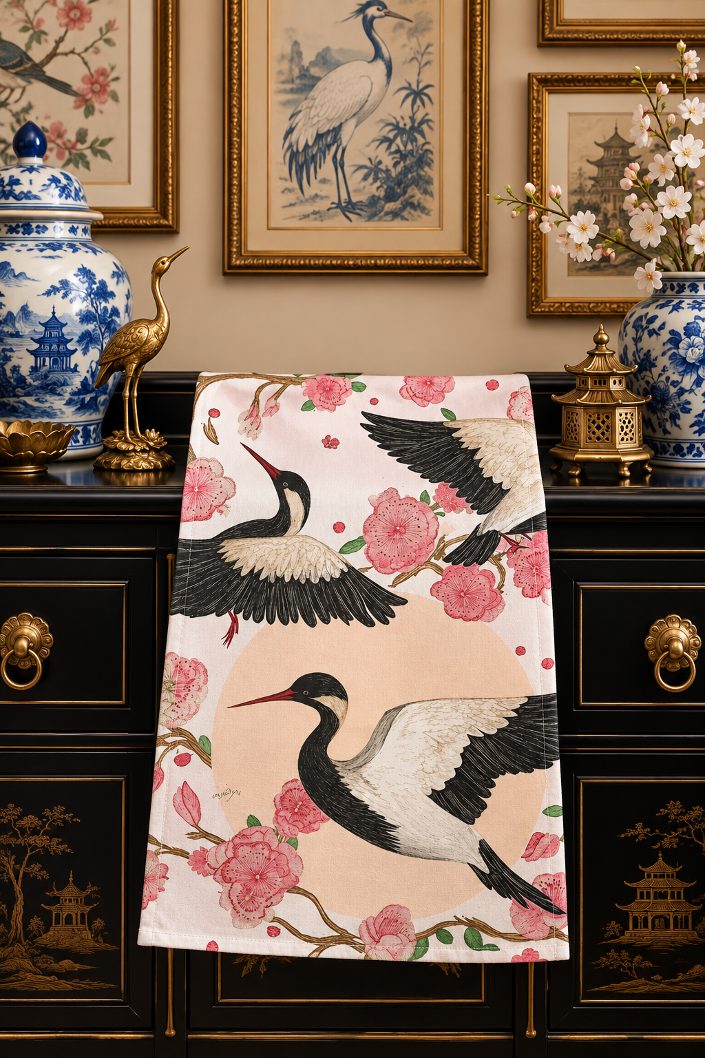 Elegant Crane and Blossom Kitchen Towel
