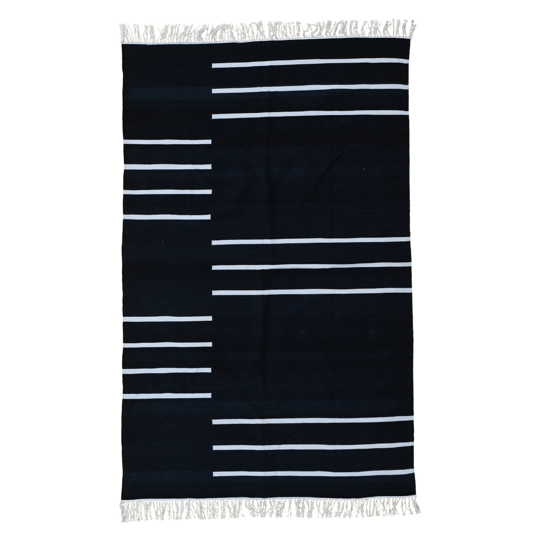 Handwoven Black and White Minimalistic Stripe Cotton Rug with Fringes