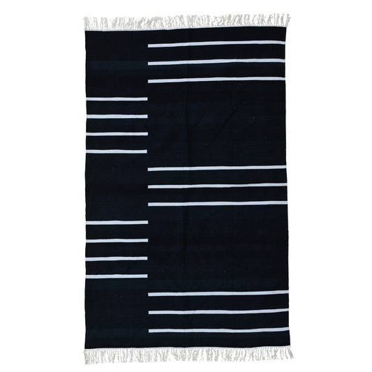 Handwoven Black and White Minimalistic Stripe Cotton Rug with Fringes