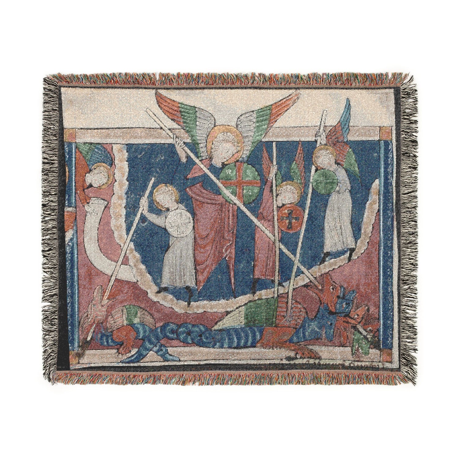 Woven tapestry with religious scene featuring angels and saints on a white background