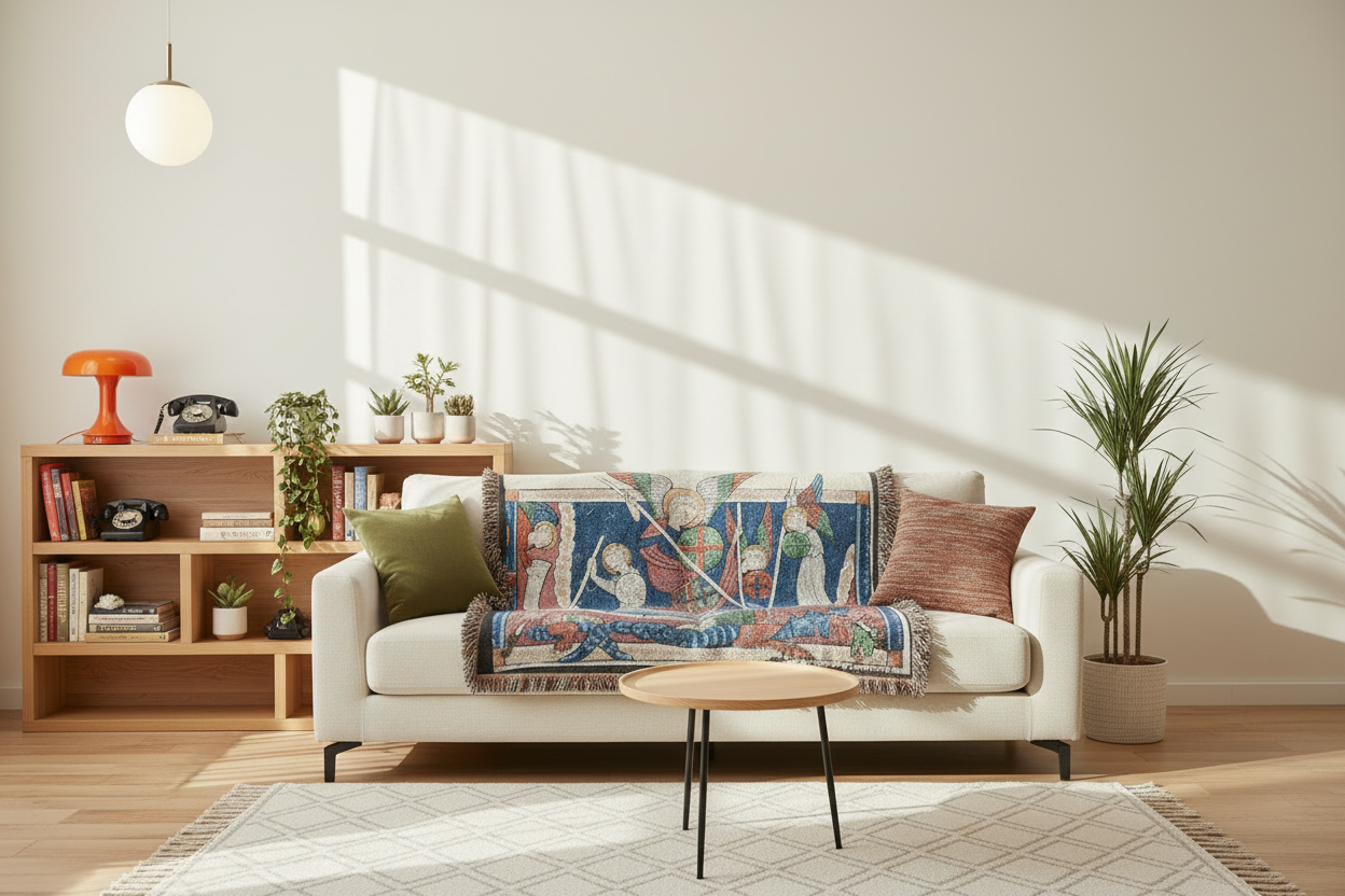 A styled living room scene featuring a cream-colored sofa with a colorful, patterned tapestry draped over it. The room is decorated with a wooden bookshelf, a small wooden coffee table, a potted plant, and warm sunlight casting dramatic shadows on the wall.