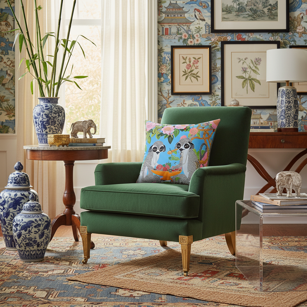 Maximalist Floral Monkeys Throw Pillow