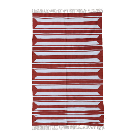 Handwoven Red and White Accent Stripe Cotton Rug with Fringes