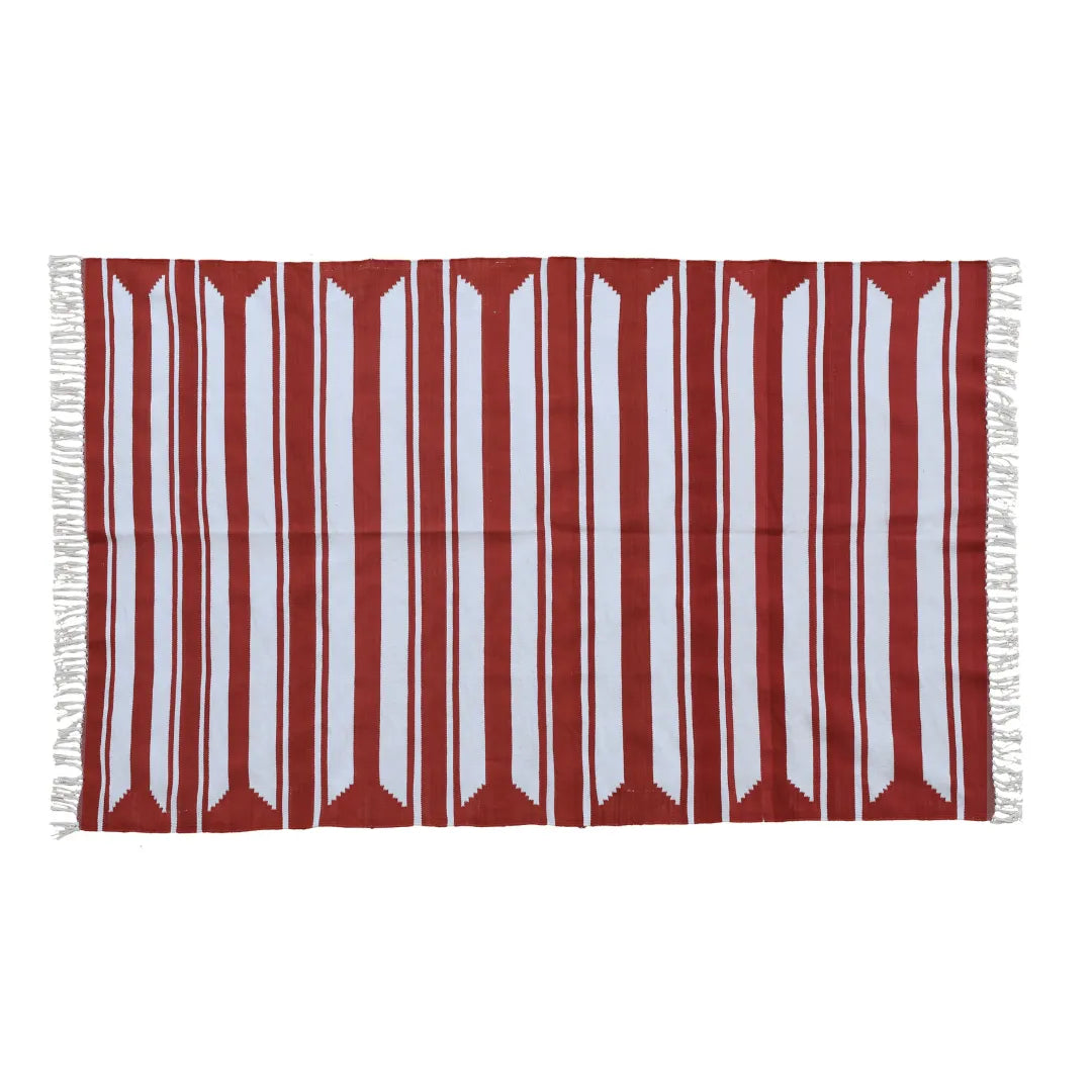 Handwoven Red and White Accent Stripe Cotton Rug with Fringes