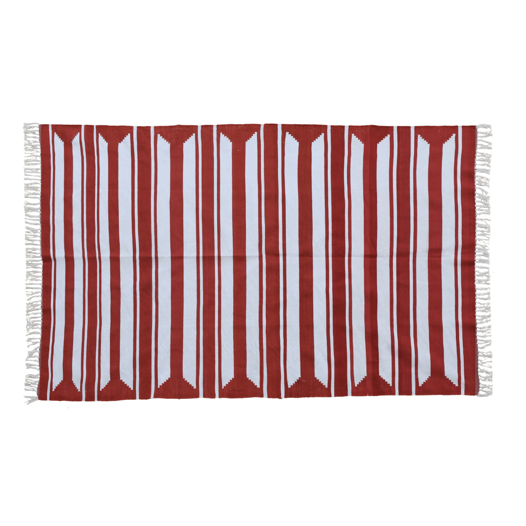 Handwoven Red and White Accent Stripe Cotton Rug with Fringes