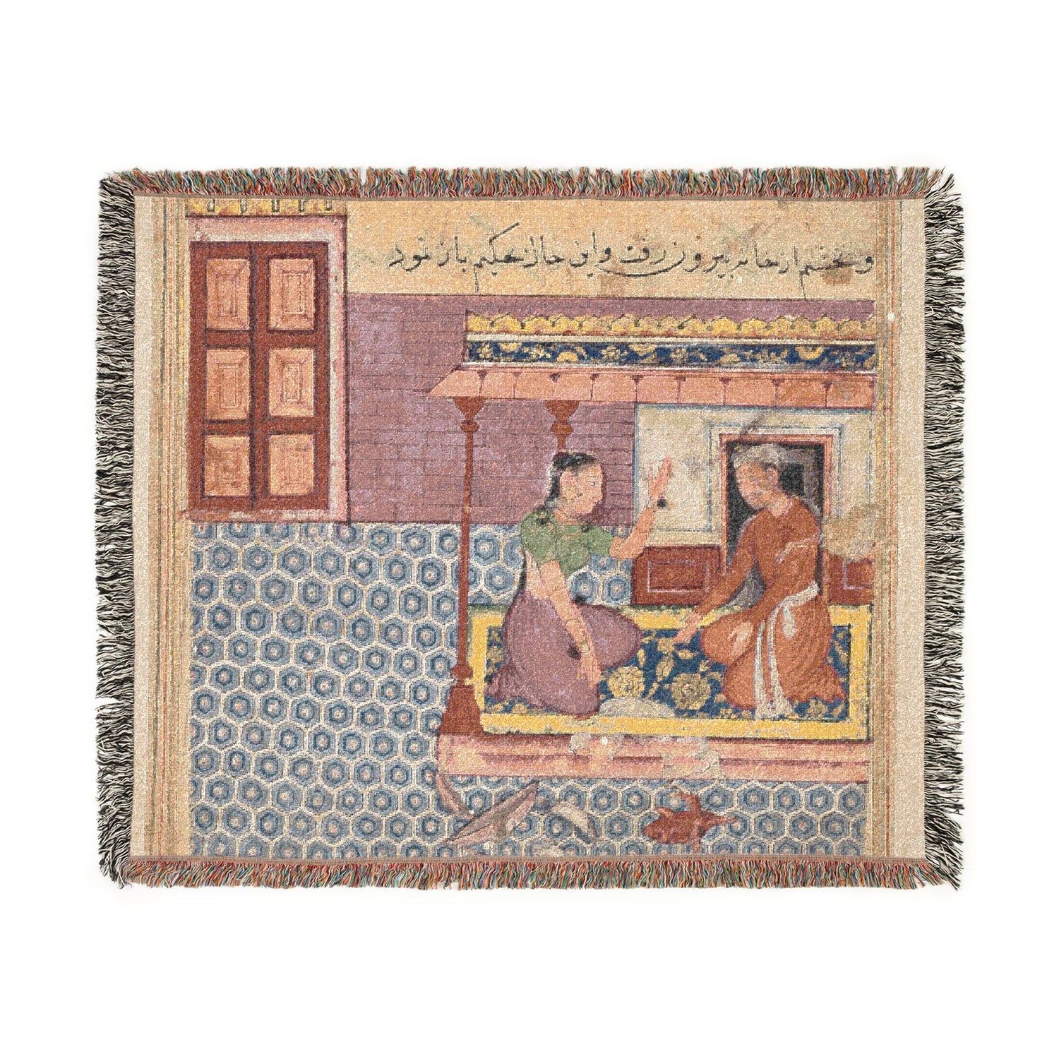 Decorative blanket with a tapestry design of two people in a room with text and patterns.