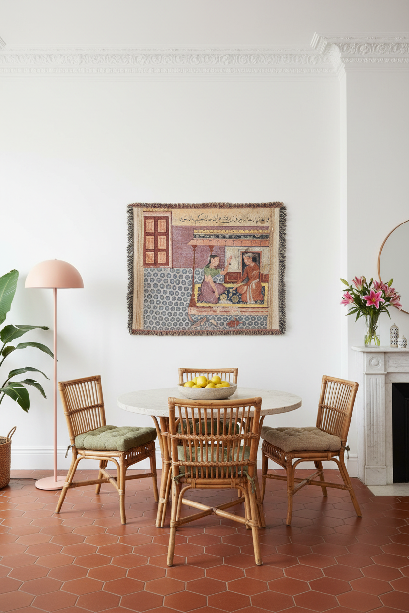 A framed tapestry with traditional Middle Eastern artwork hangs on a white wall above a round dining table and four woven chairs in a bright, modern dining room with terracotta hexagonal tile floors.