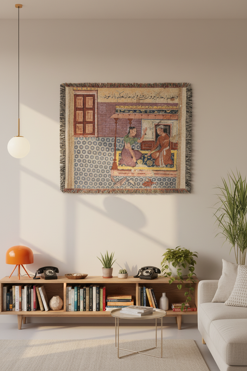 A framed tapestry with traditional Persian-style artwork and Arabic calligraphy hangs on a beige wall in a modern living room setting above a wooden bookshelf.
