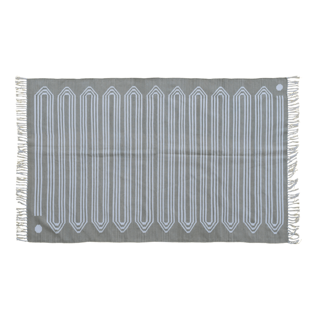 Handwoven Gray Snake Inspired Cotton Rug with Fringes