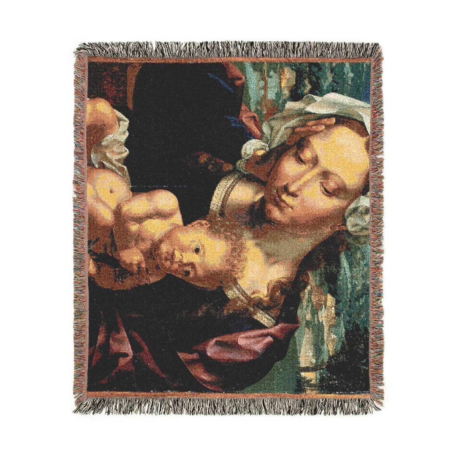 Woven blanket with a depiction of a woman holding a child, inspired by classical art.