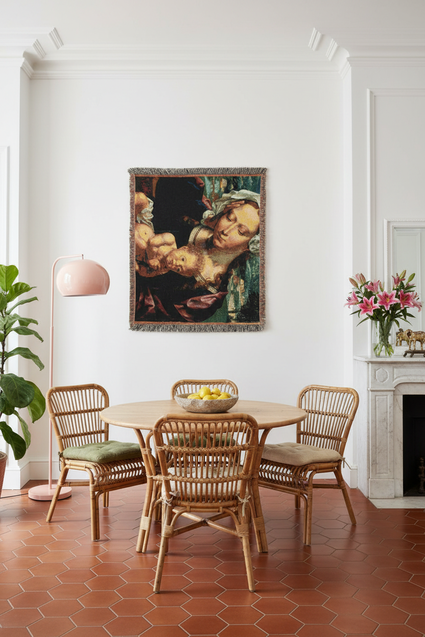 A framed classical painting hangs on a white wall above a round wooden dining table and four woven chairs in a bright, modern dining room with terracotta hexagonal tile flooring.