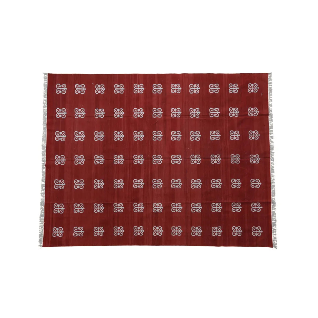 Handwoven Red and White Butterfly Inspired Cotton Rug with Fringes