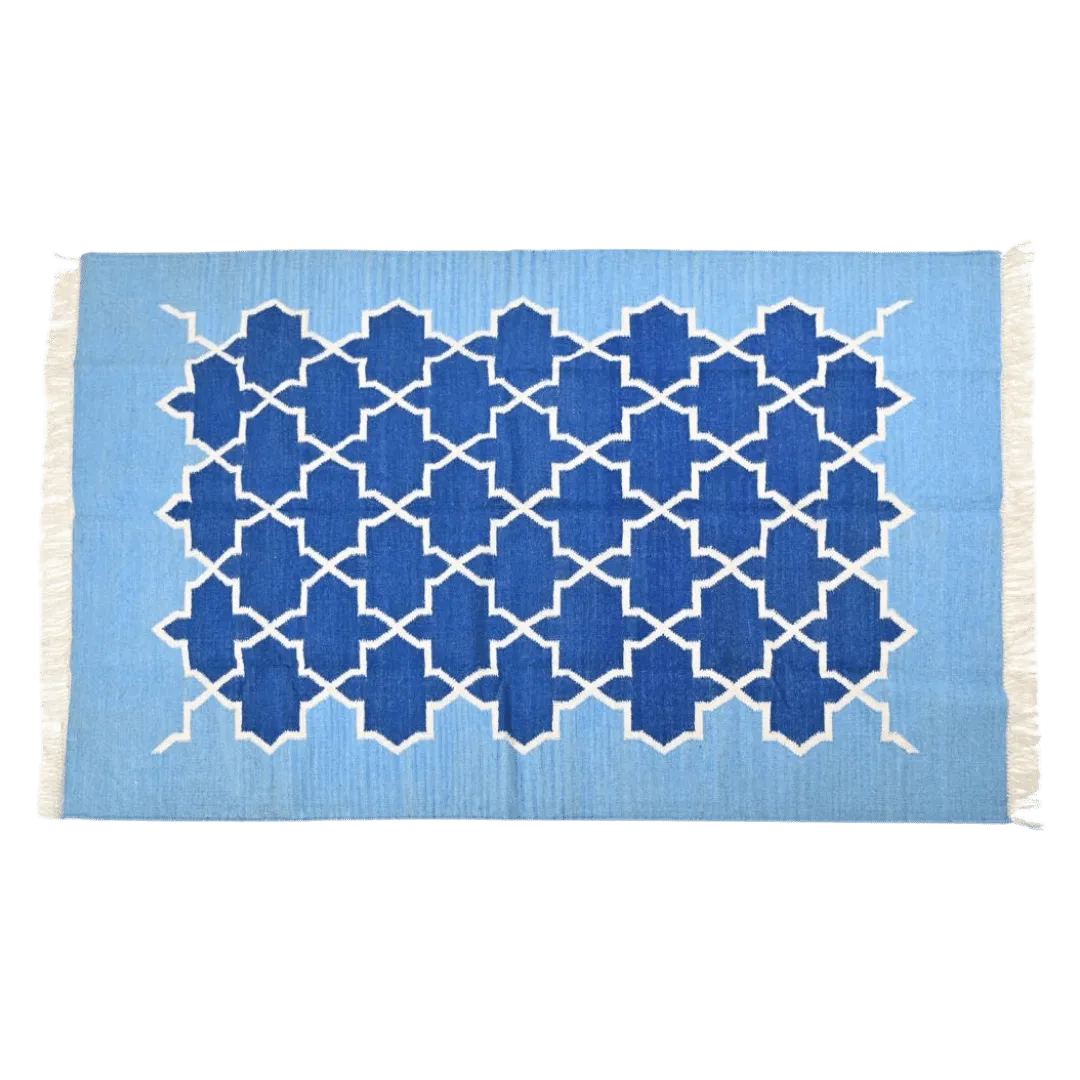 Handwoven Moroccan Blue Tiles Cotton Rug with Fringes