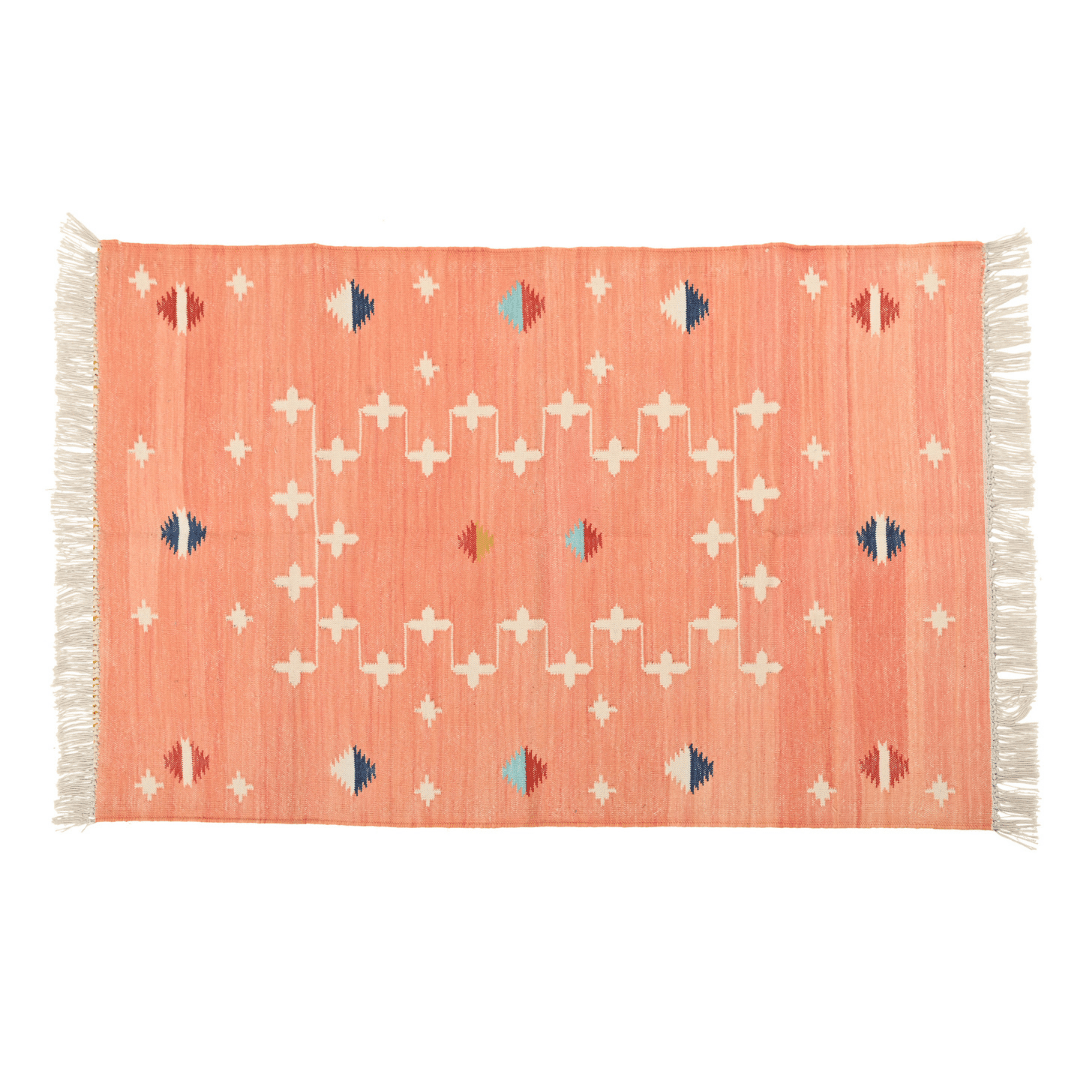 Add a touch of warmth and style to your space with the "Handwoven Peachy Patterned Cotton Rug with Fringes." Its inviting peachy hue and intricate pattern create a cozy atmosphere, while the fringes add a playful accent. Handcrafted with care, this rug is a charming addition to any room.