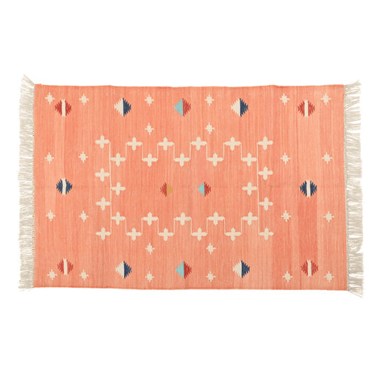 Handwoven Peachy Patterned Cotton Rug with Fringes