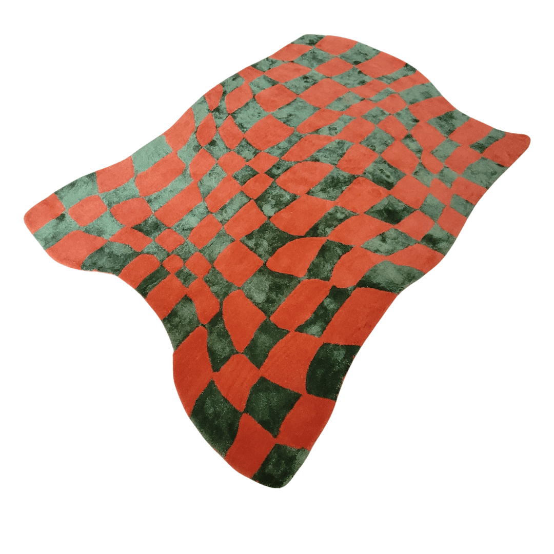 Orange and Green Wavy Checker Hand Tufted Wool Rug