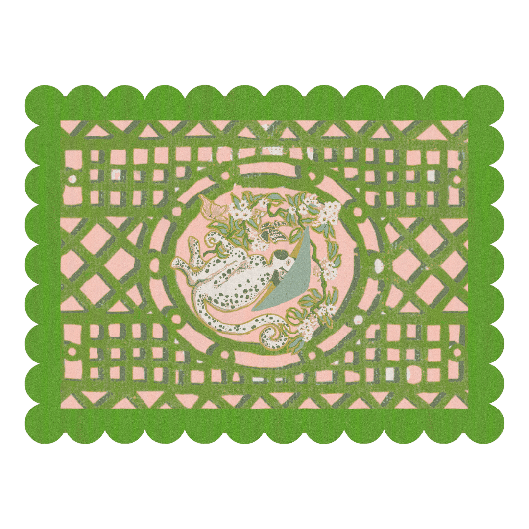 Pastel Green Scallop Chinoiserie Monkey Hand Tufted Wool Rug