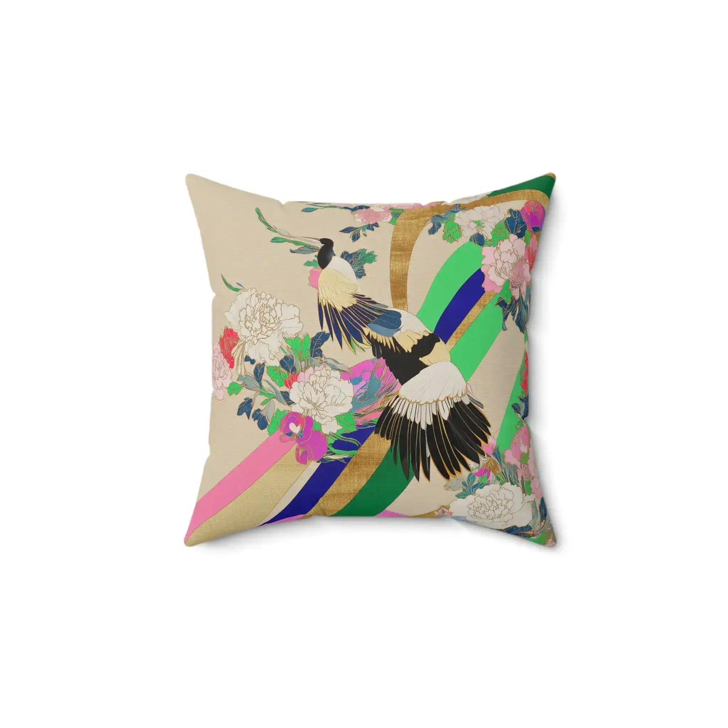 Golden Plumage & Peony Ribbons Throw Pillow