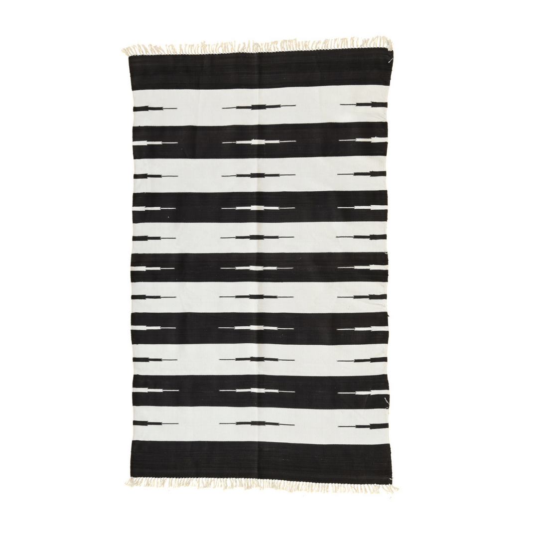 Handwoven Black and White Classic Stripe Cotton Rug with Fringes
