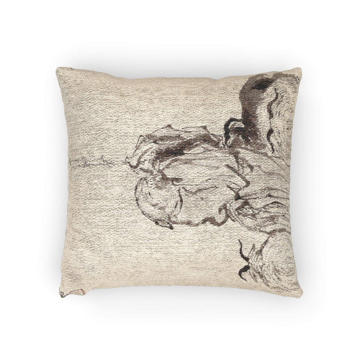 A square throw pillow with a textured beige linen-like fabric featuring a dark charcoal sketch of a face on the right side, shown against a plain white background.