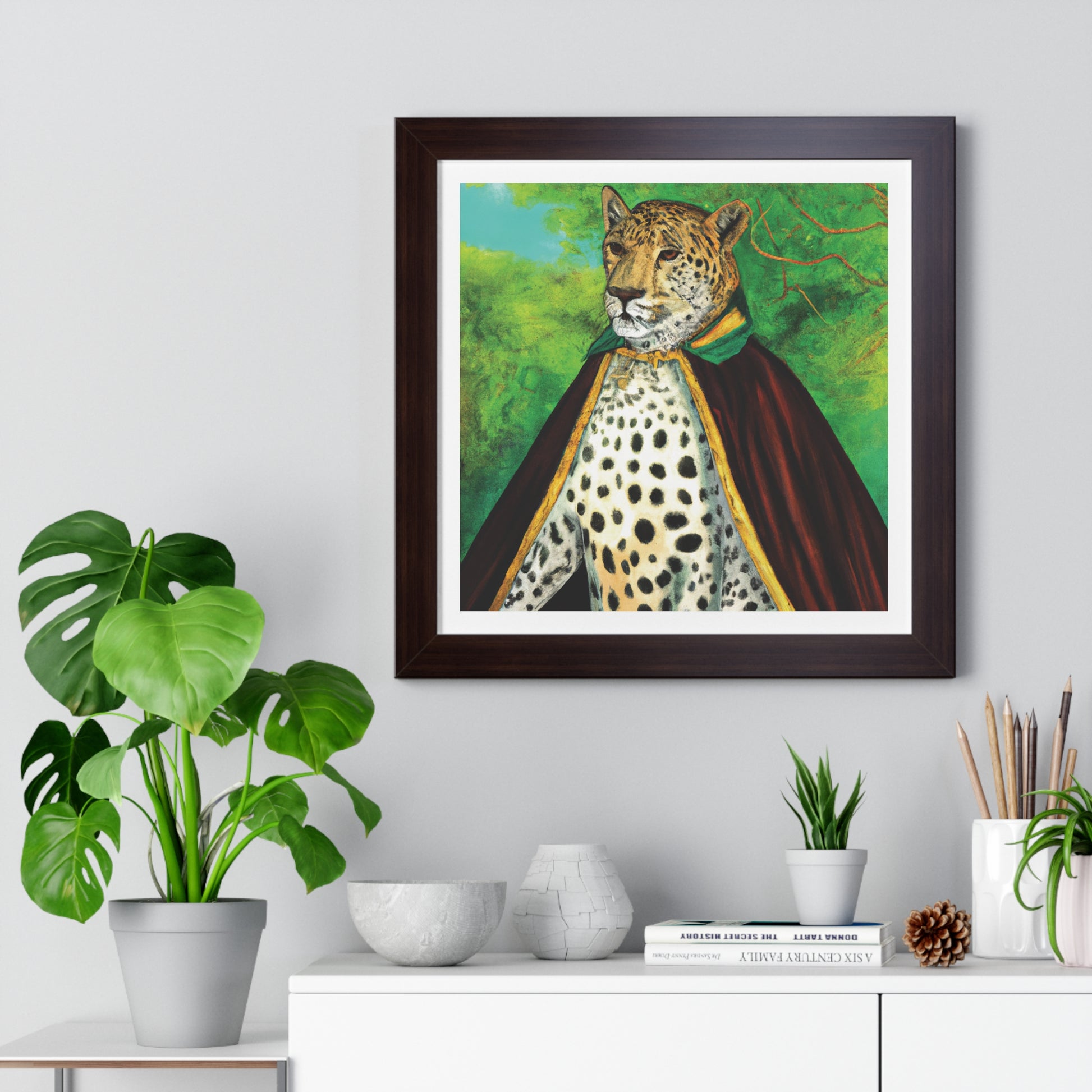 Royal Leopard in Red Robe Framed Poster Wall Art" is the title of a piece of artwork, likely depicting a majestic leopard adorned in a red robe, presented as a framed poster suitable for hanging on a wall. This description suggests an elegant and visually striking piece of décor featuring an artistic representation of a regal leopard