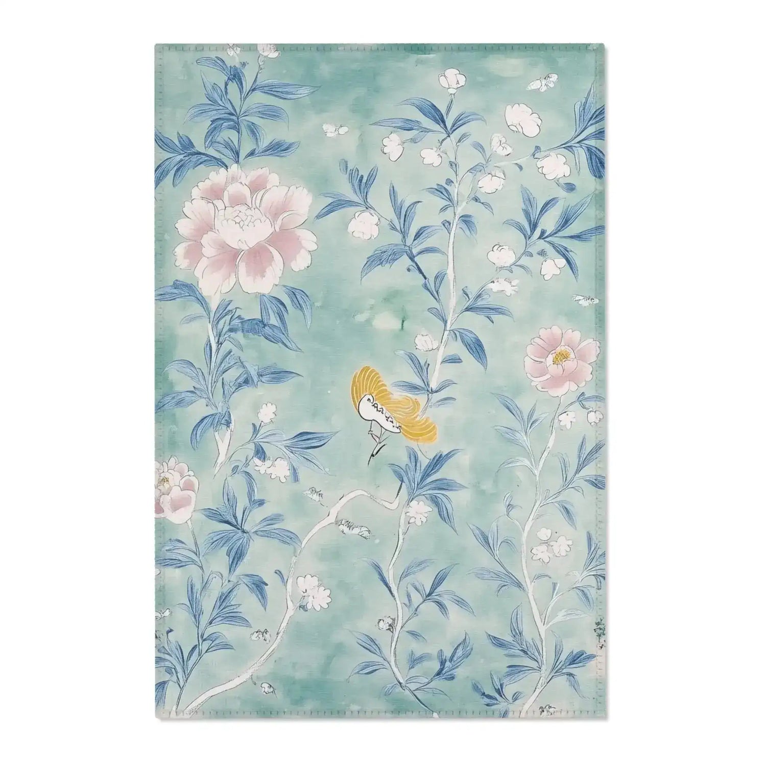Floral Bird Accent Rug with Soft Blue and Pink Design