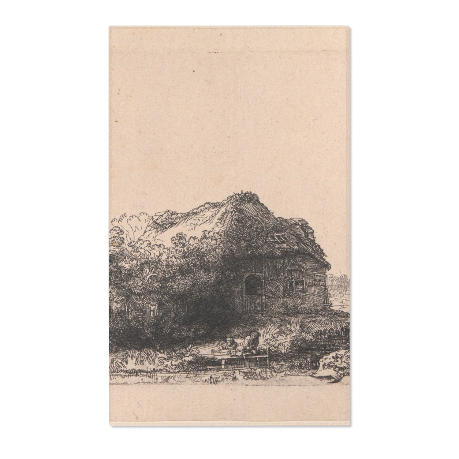 Landscape with Cottages and a Hay Barn - Rembrandt van Rijn Area Rug