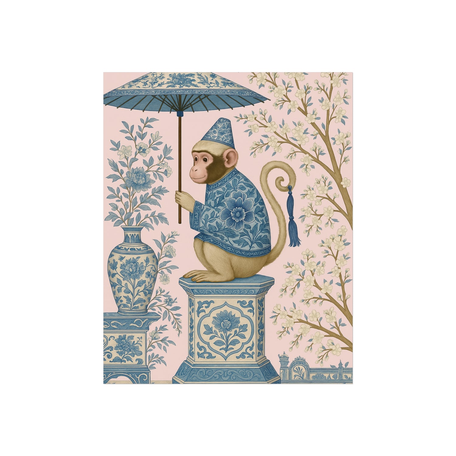 Chinoiserie Blue Monkey on Pedestal Fine Art Poster
