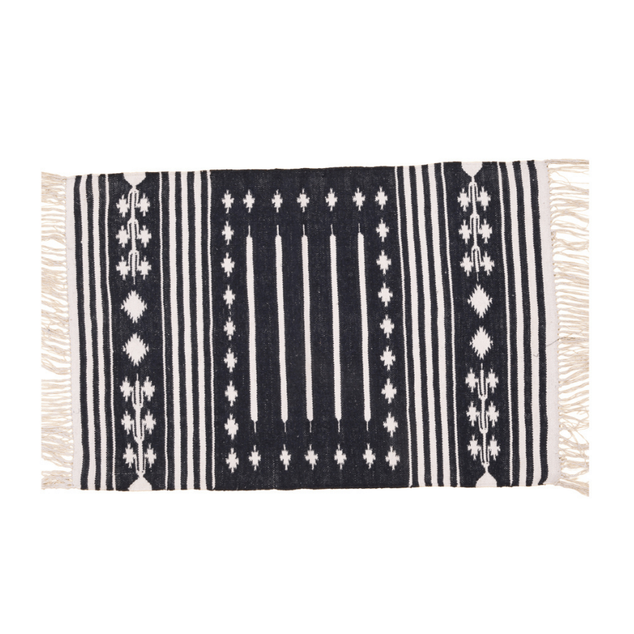 Handwoven Black and White Traditional Patterned Cotton Rug with Fringes