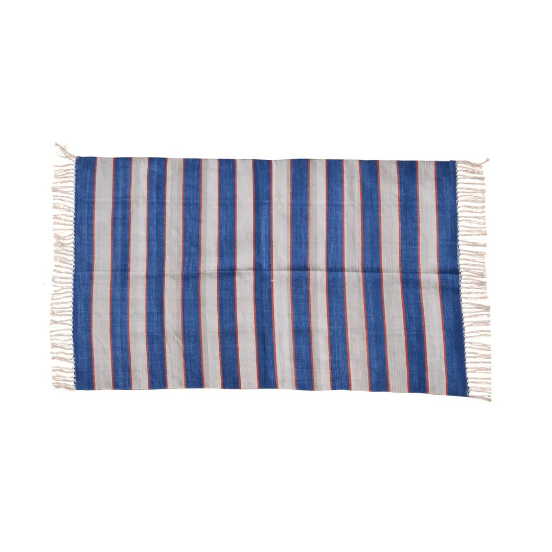 Handwoven Blue and White Bold Striped Cotton Rug with Fringes