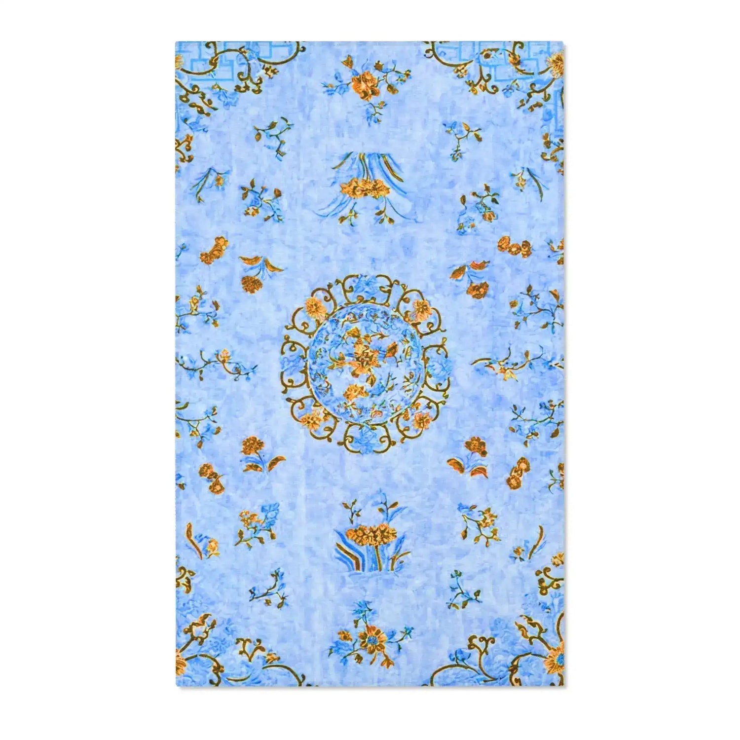 Cornflower Blue and Gold Oriental Floral Accent Rug