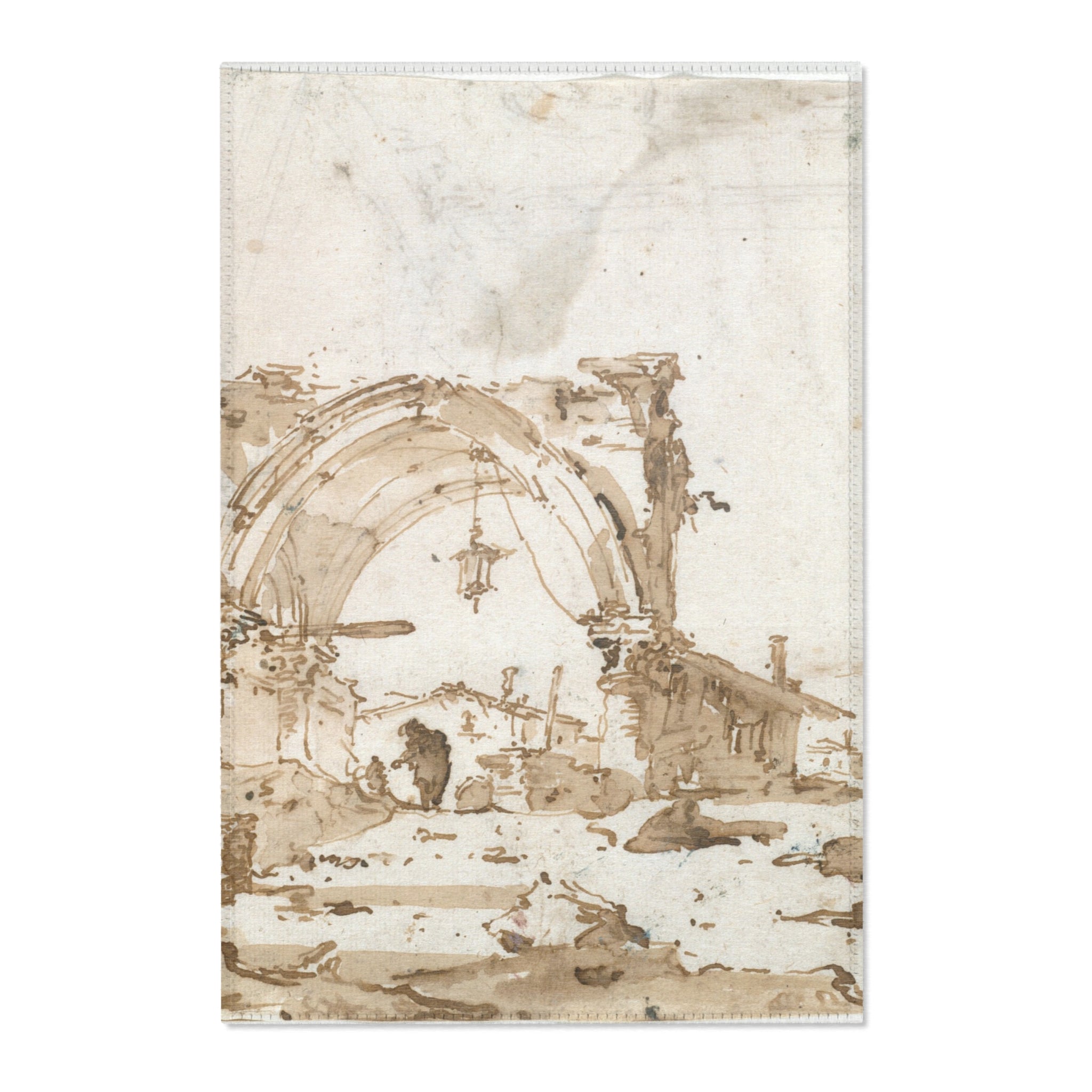 A sepia-toned sketch or print depicting ruined architectural structures, an archway, and a small hanging lantern, shown against a plain white background.