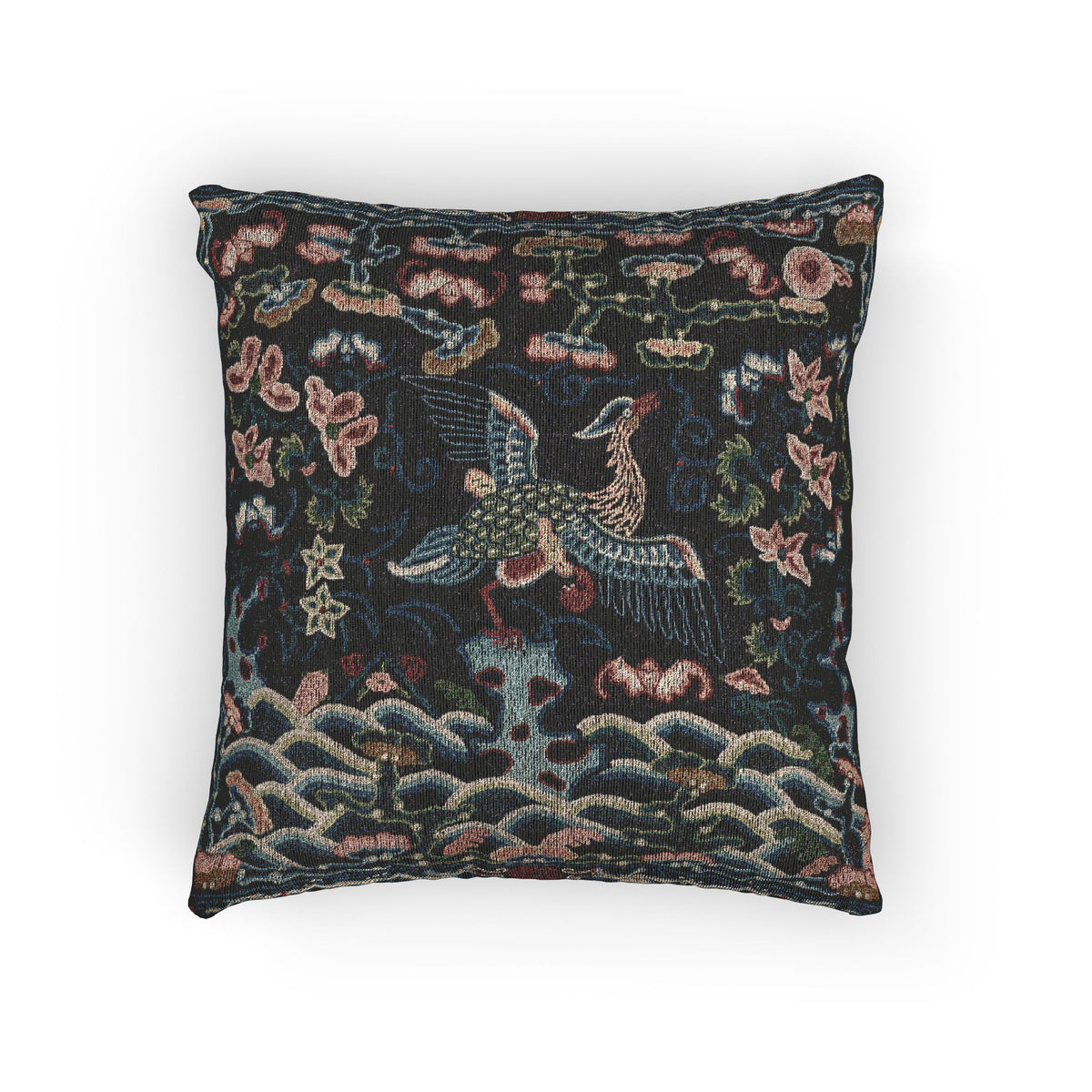 A square decorative throw pillow featuring an intricate Japanese-style tapestry design with a crane, waves, and floral motifs on a dark navy background.